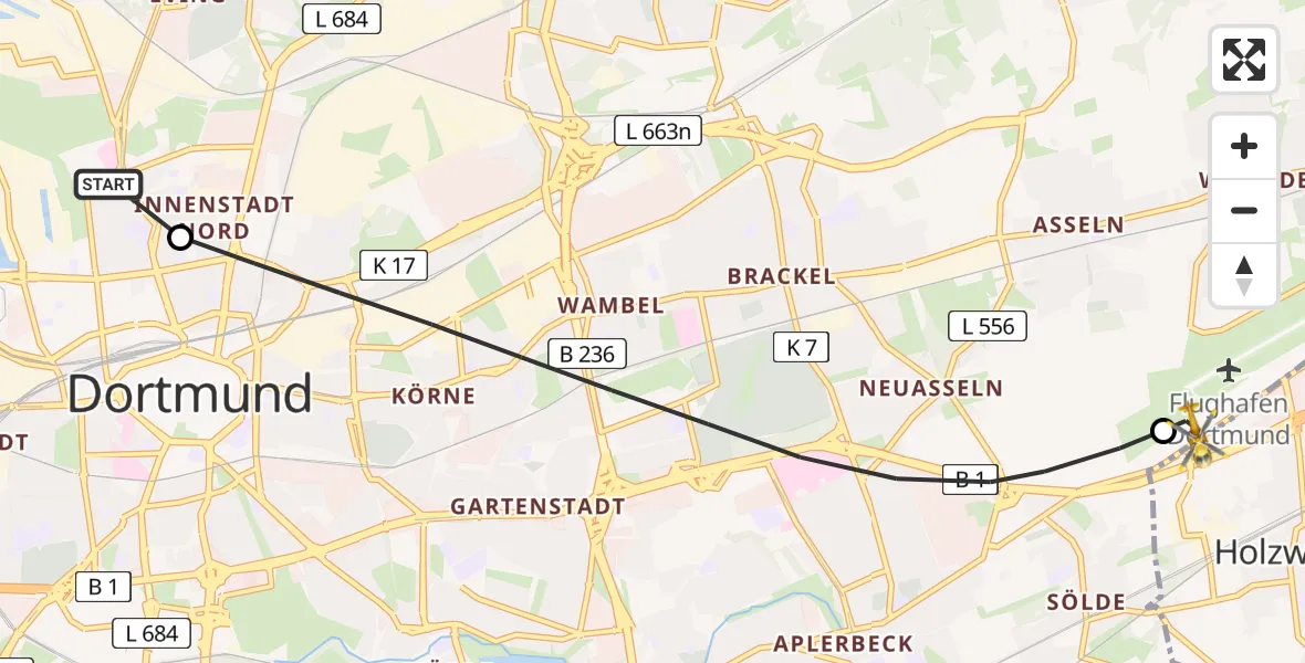 Flugroute Rettungshubschrauber Dortmund Hospital North - Dortmund Flughafen, 09 August 2026, 16:21