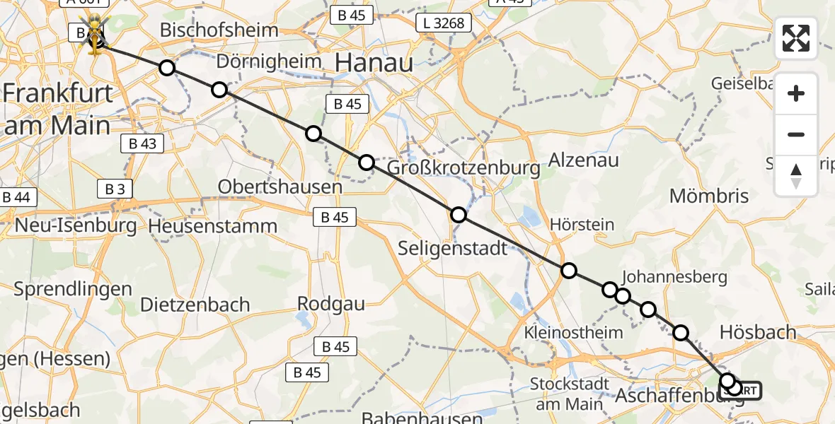 Flugroute Rettungshubschrauber Aschaffenburg Hospital - Frankfurt am Main Accident Hospital Roof Helipad (CHX2), 09 August 2026, 16:25