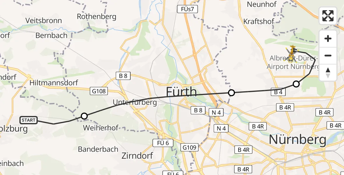 Flugroute Ambulanzhubschrauber Cadolzburg - Flughafen Nuremberg, 09 August 2026, 16:33