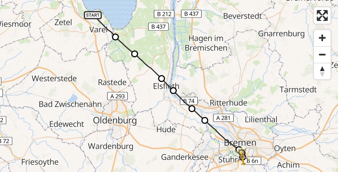 Flugroute Rettungshubschrauber Varel - ADAC Air Rescue Station Bremen Hubschrauberlandeplatz (Christoph 6), 09 August 2026, 16:44