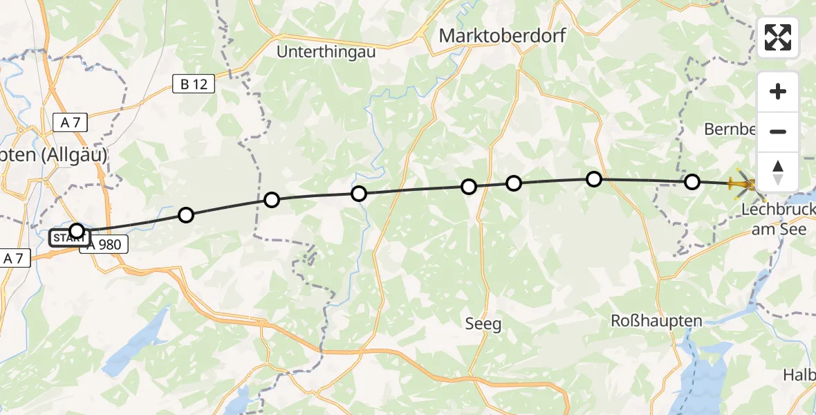 Flugroute Rettungshubschrauber Kempten-Durach Flugplatz - Bernbeuren, 09 August 2026, 16:45