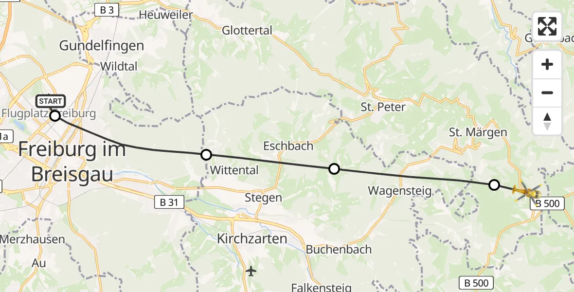 Flugroute Ambulanzhubschrauber Freiburg im Breisgau Flugplatz - St. Märgen, 09 August 2026, 16:50
