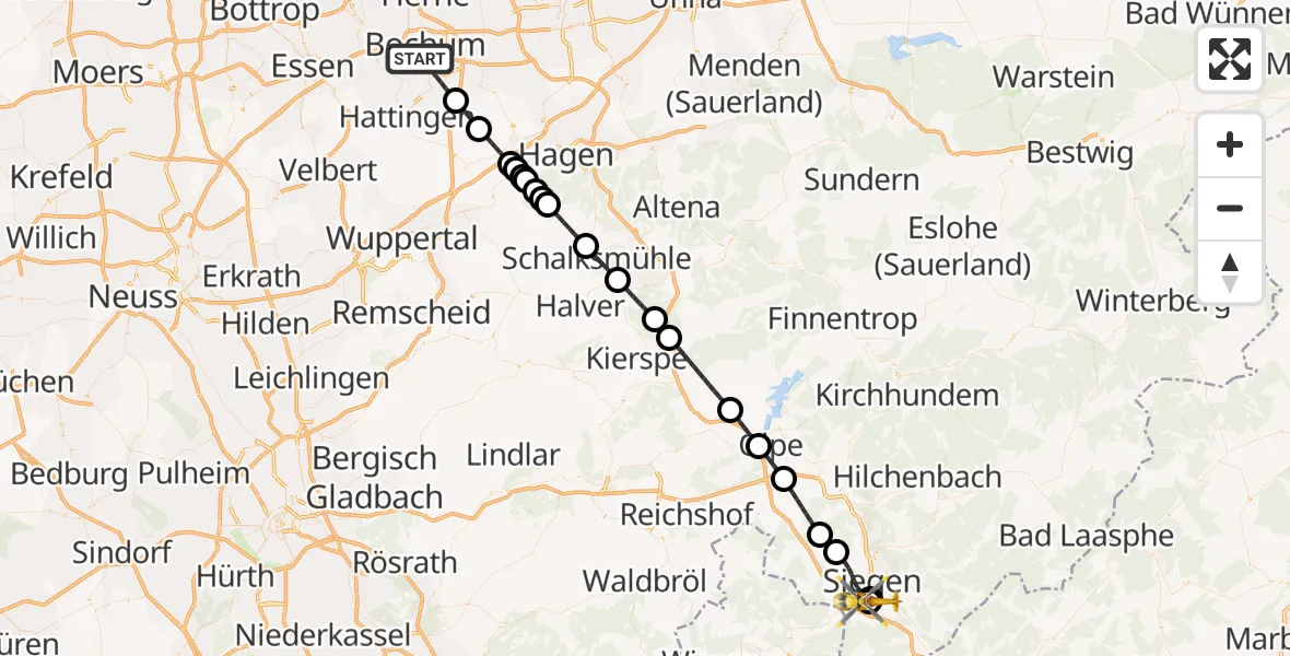 Flugroute Rettungshubschrauber Bochum - Evangelisches Jung-Stilling Hospital, 09 August 2026, 16:57