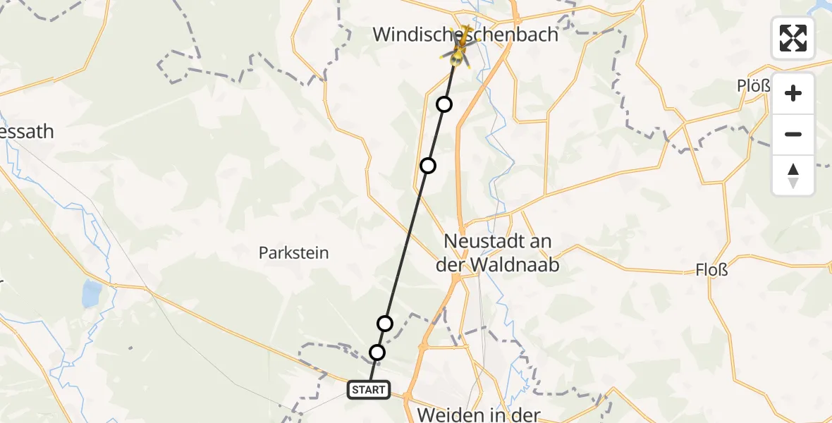 Flugroute Ambulanzhubschrauber Weiden i.d.OPf. - Windischeschenbach, 09 August 2026, 16:57