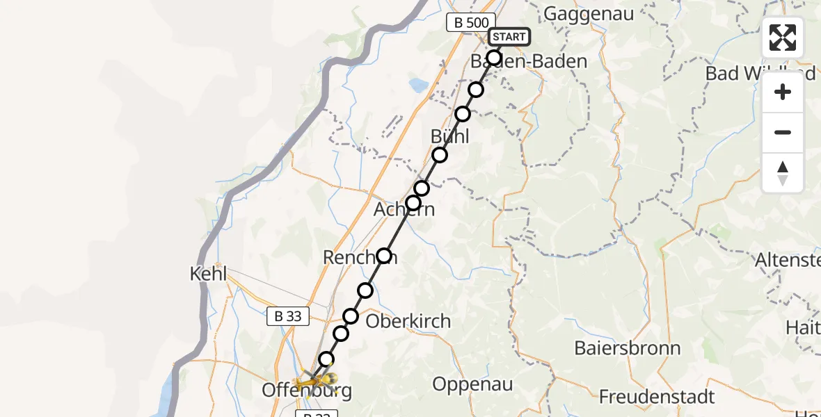 Flugroute Rettungshubschrauber Baden-Baden - Offenburg, 09 August 2026, 17:00
