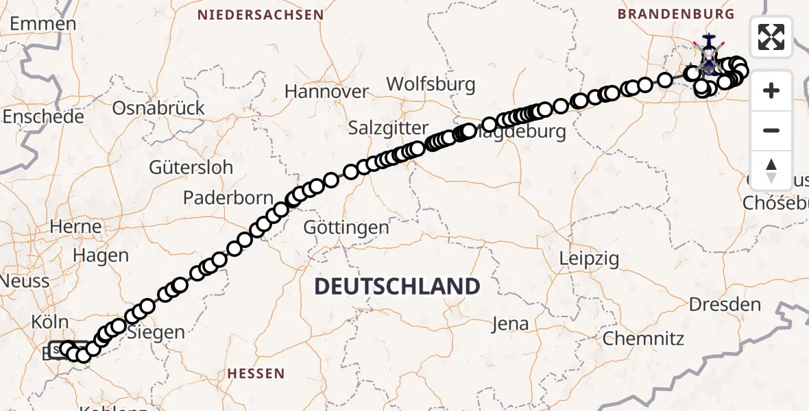 Flugroute Polizeihubschrauber Bonn-Hangelar Flugplatz - Ahrensfelde Hubschrauberlandeplatz, 09 August 2026, 17:03
