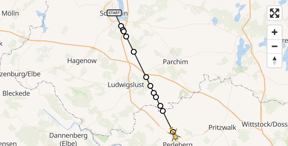 Flugroute Rettungshubschrauber Schwerin - Perleberg, 09 August 2026, 17:05