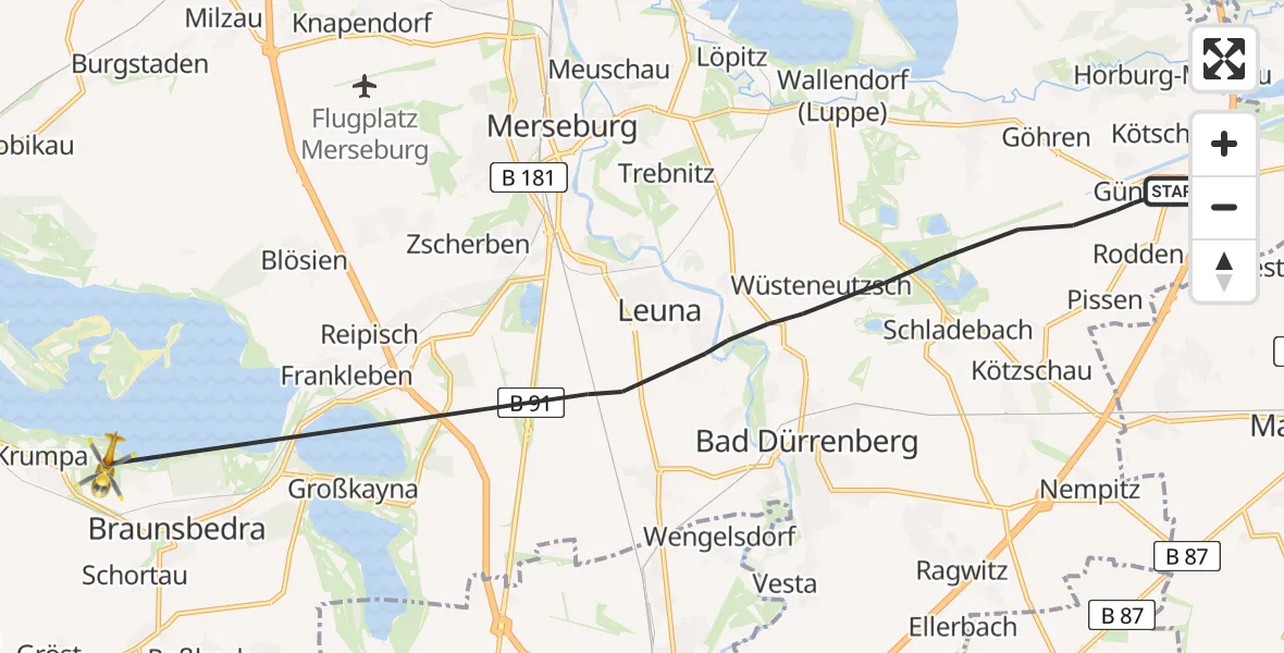 Flugroute Rettungshubschrauber Leuna - Braunsbedra, 09 August 2026, 17:06