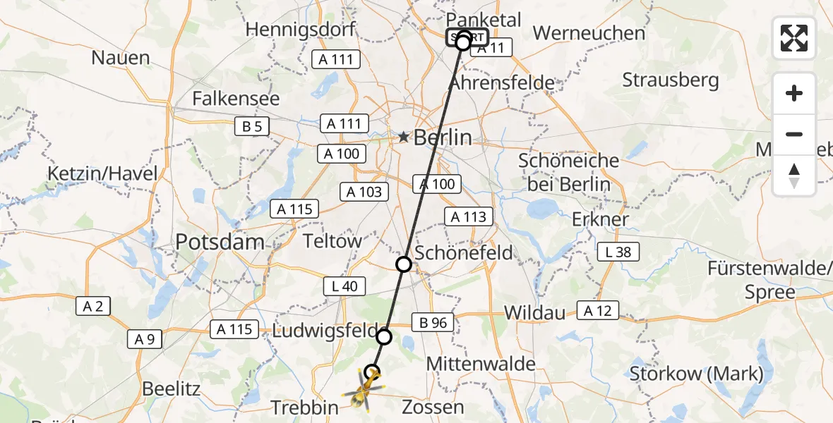 Flugroute Rettungshubschrauber Helios Clinic Berlin-Buch - Zossen, 09 August 2026, 17:16