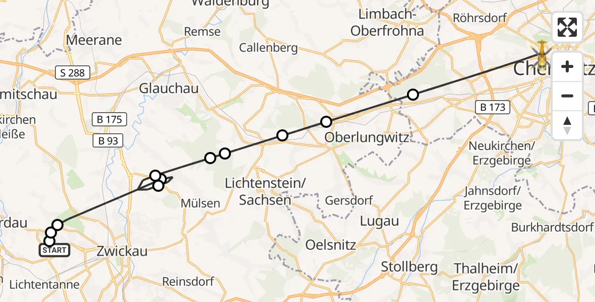 Flugroute Rettungshubschrauber ADAC Air Rescue Station Zwickau Hubschrauberlandeplatz - Chemnitz, 09 August 2026, 17:17