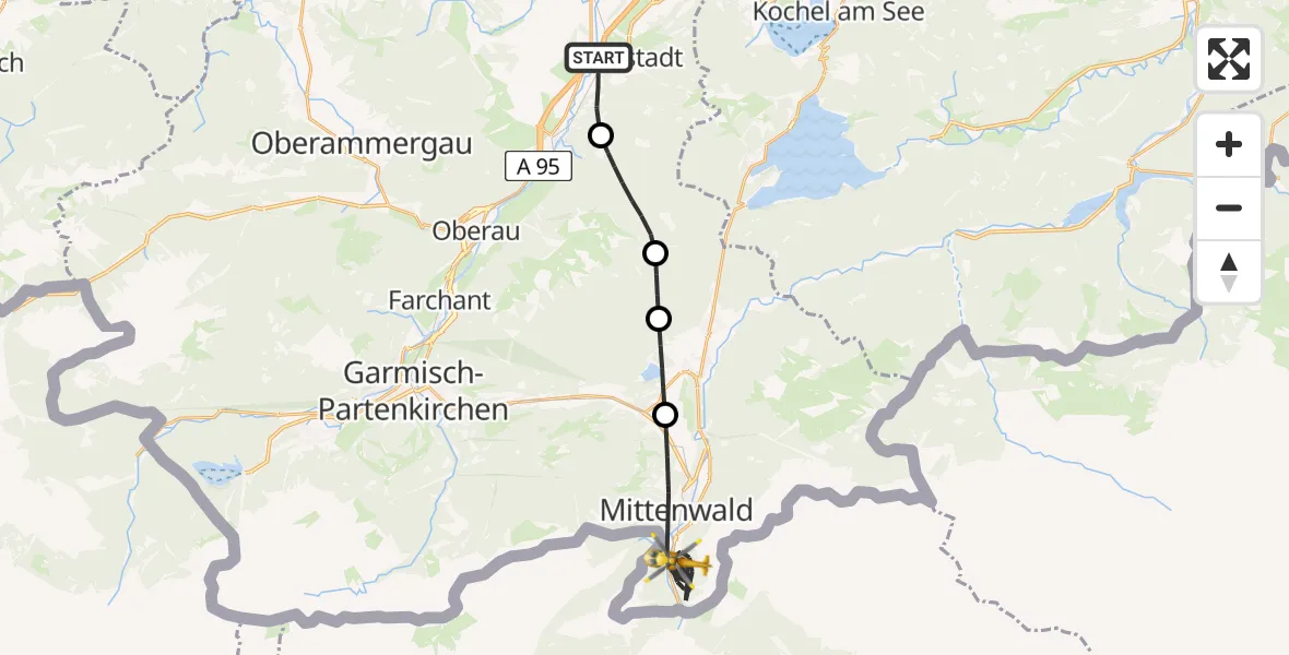 Flugroute Rettungshubschrauber Ohlstadt - Mittenwald, 09 August 2026, 17:17