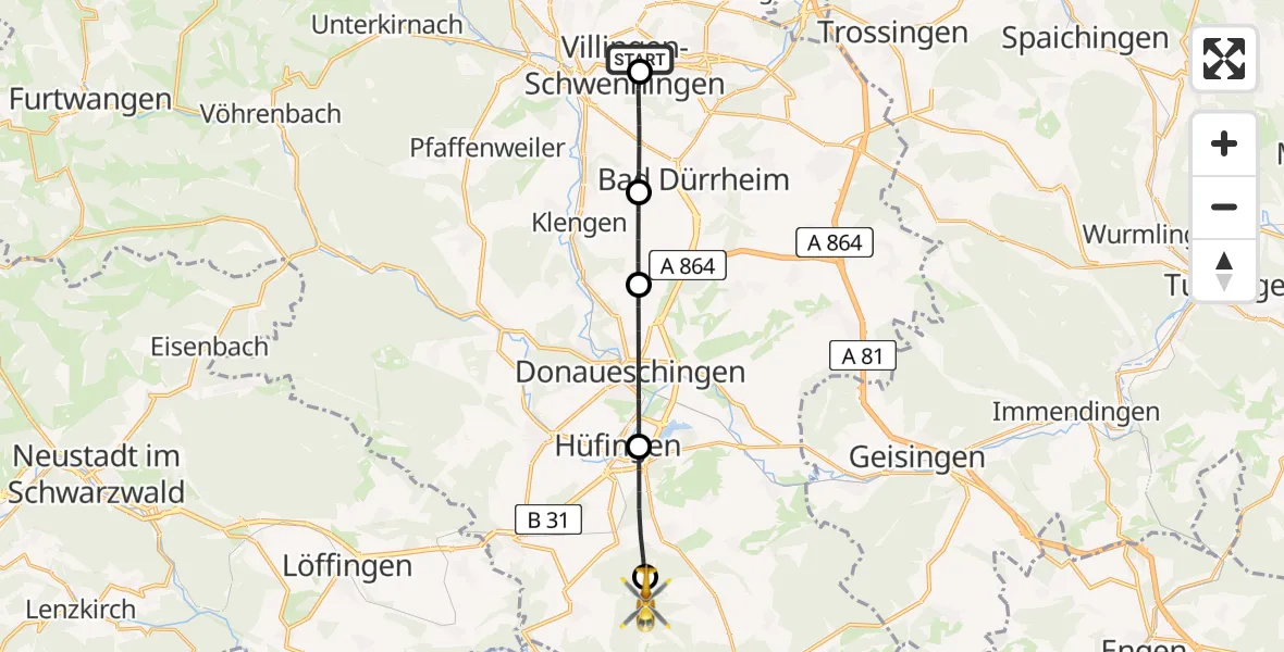 Flugroute Ambulanzhubschrauber DRF Air Rescue Station Villingen-Schwenningen Hubschrauberlandeplatz (Christoph 11) - Blumberg, 09 August 2026, 17:18