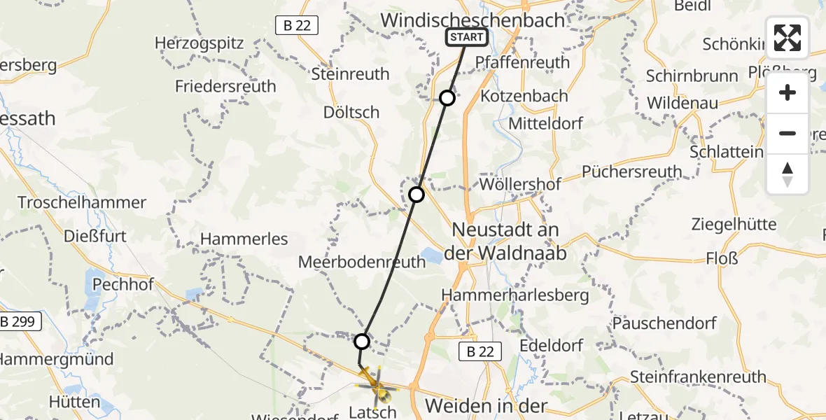 Flugroute Ambulanzhubschrauber Windischeschenbach - Weiden i.d.OPf., 09 August 2026, 17:22