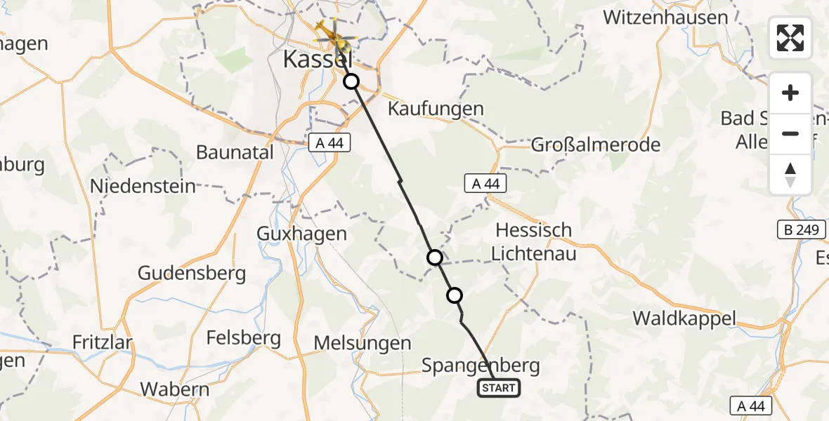 Flugroute Rettungshubschrauber Spangenberg - Kassel, 09 August 2026, 17:23