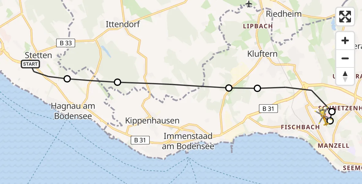 Flugroute Rettungshubschrauber Stetten - Friedrichshafen Hospital, 09 August 2026, 17:24