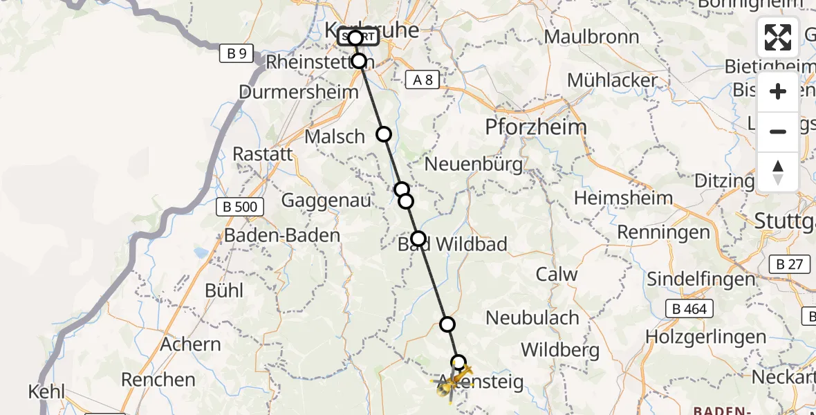 Flugroute Ambulanzhubschrauber Sankt Vincentius Hospital - Altensteig, 09 August 2026, 17:34
