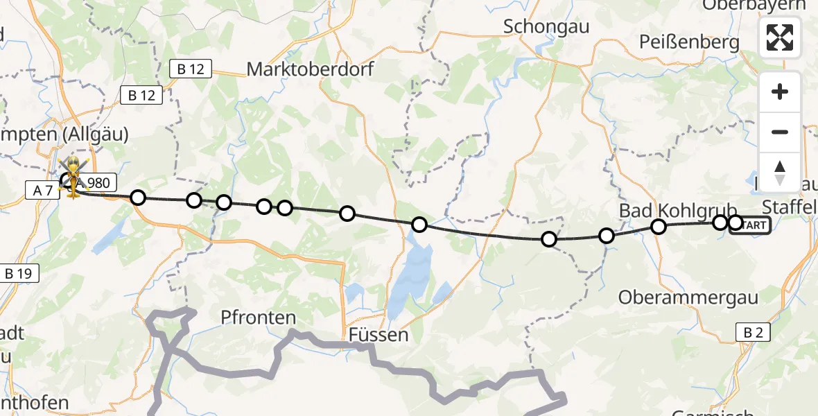 Flugroute Rettungshubschrauber Murnau a.Staffelsee - Kempten-Durach Flugplatz, 09 August 2026, 17:39
