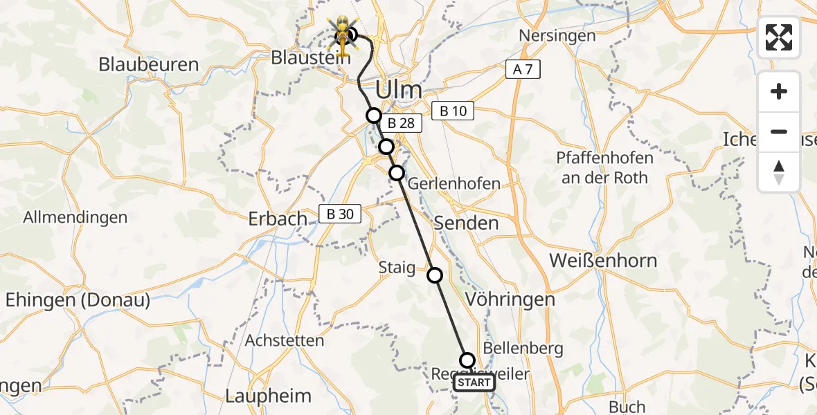 Flugroute Rettungshubschrauber Dietenheim - ADAC Air Rescue Station Ulm (Christoph 22), 09 August 2026, 17:45