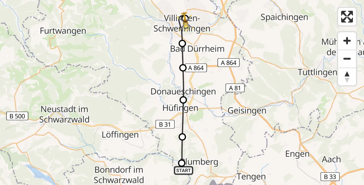 Flugroute Ambulanzhubschrauber Stühlingen - DRF Air Rescue Station Villingen-Schwenningen Hubschrauberlandeplatz (Christoph 11), 09 August 2026, 18:00