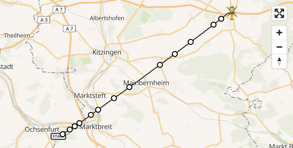Flugroute Rettungshubschrauber Ochsenfurt Hospital - Rüdenhausen, 09 August 2026, 18:02