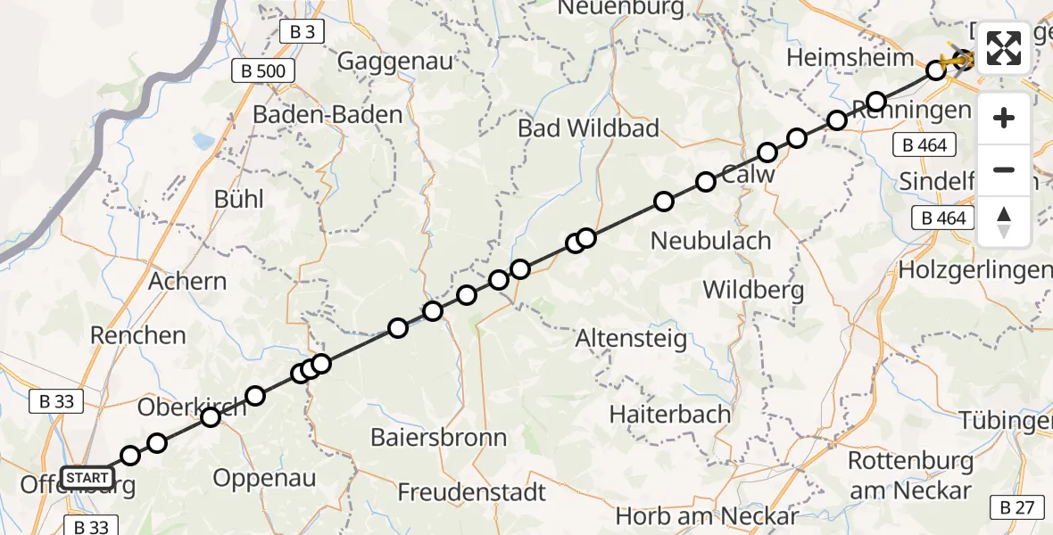 Flugroute Rettungshubschrauber Offenburg - Leonberg Hospital, 09 August 2026, 18:02