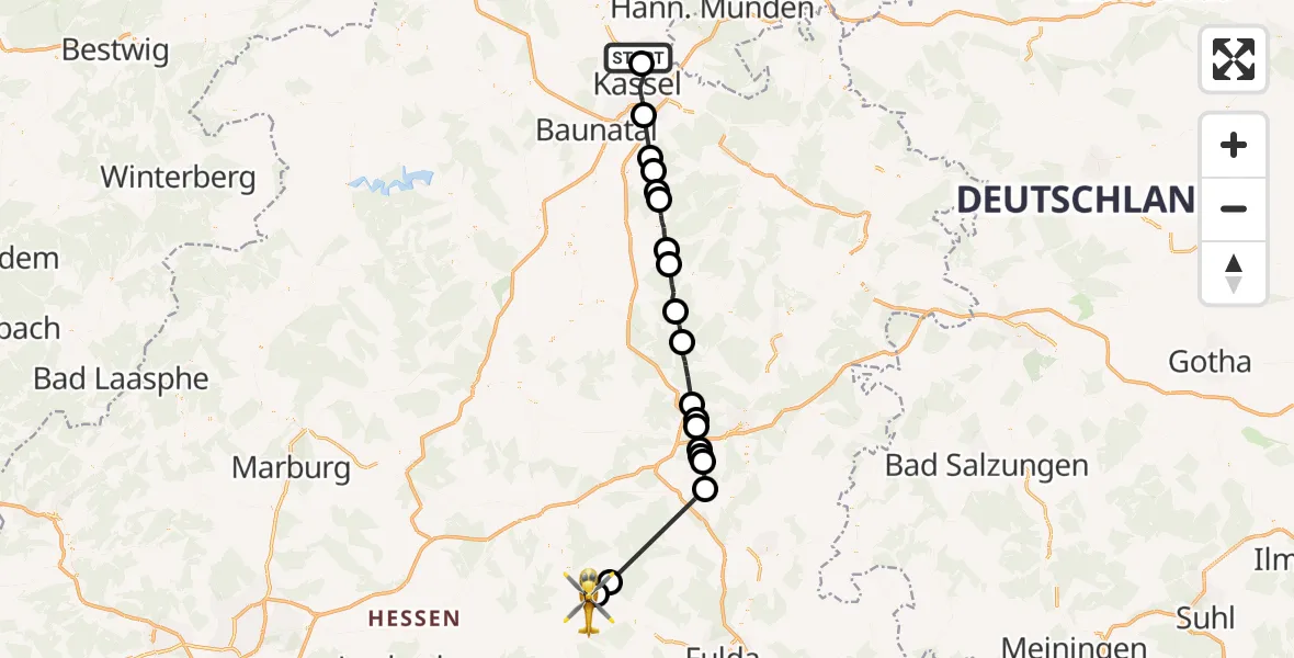 Flugroute Rettungshubschrauber Fuldatal - Lauterbach (Hessen), 09 August 2026, 18:05