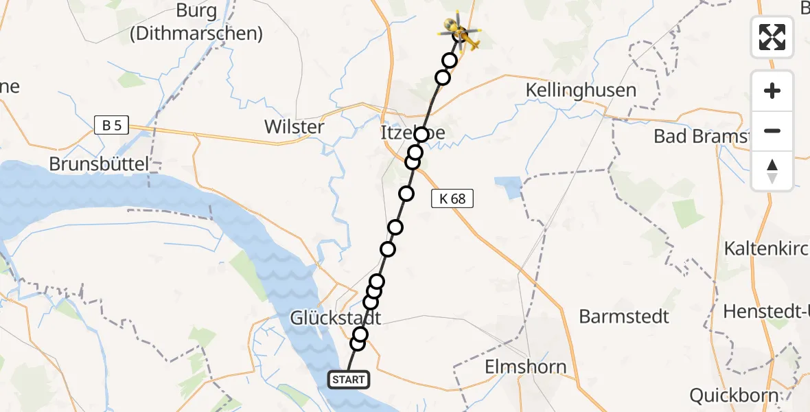 Flugroute Rettungshubschrauber Kollmar - Itzehoe Hungriger Wolf Flugplatz, 09 August 2026, 18:06