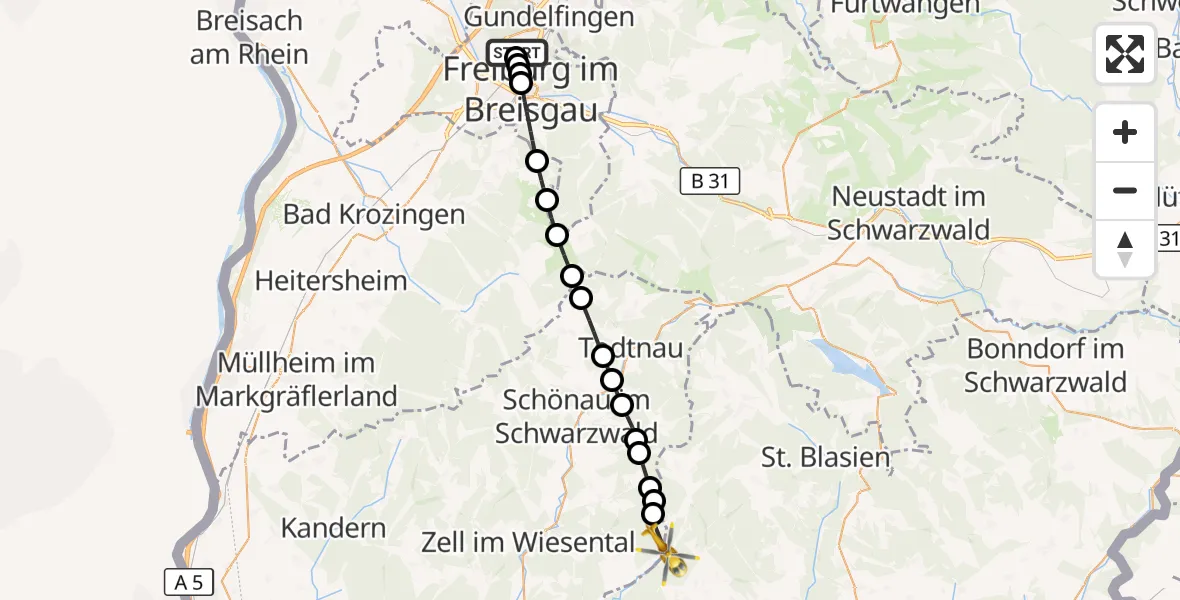 Flugroute Ambulanzhubschrauber Freiburg im Breisgau Flugplatz - Schopfheim, 09 August 2026, 18:06