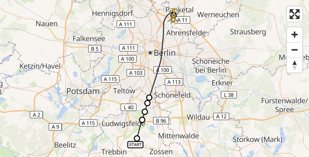 Flugroute Rettungshubschrauber Zossen - Helios Clinic Berlin-Buch, 09 August 2026, 18:06