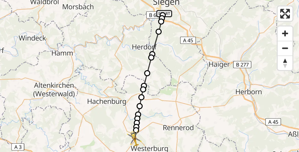 Flugroute Rettungshubschrauber Evangelisches Jung-Stilling Hospital - Langenhahn, 09 August 2026, 18:23