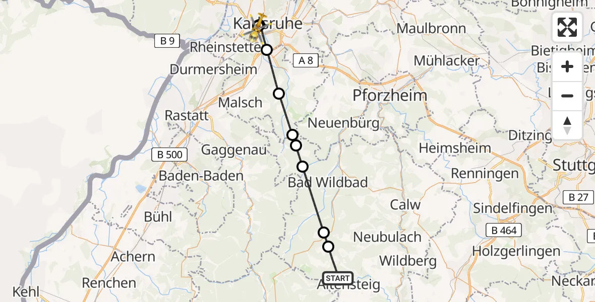 Flugroute Ambulanzhubschrauber Altensteig - Sankt Vincentius Hospital, 09 August 2026, 18:25