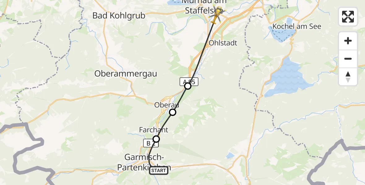 Flugroute Rettungshubschrauber Garmisch-Partenkirchen - Murnau a.Staffelsee, 09 August 2026, 18:27