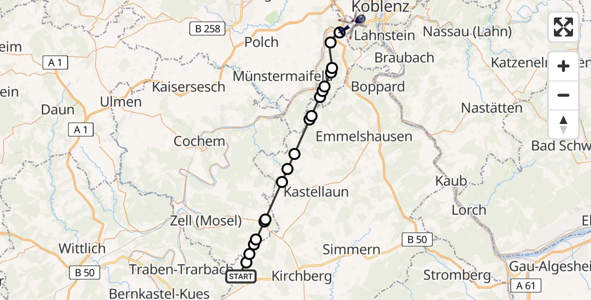 Flugroute Polizeihubschrauber Flughafen Frankfurt-Hahn - Koblenz-Winningen Flugplatz, 09 August 2026, 18:29