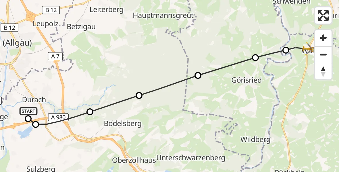 Flugroute Rettungshubschrauber Kempten-Durach Flugplatz - Wald, 09 August 2026, 18:30