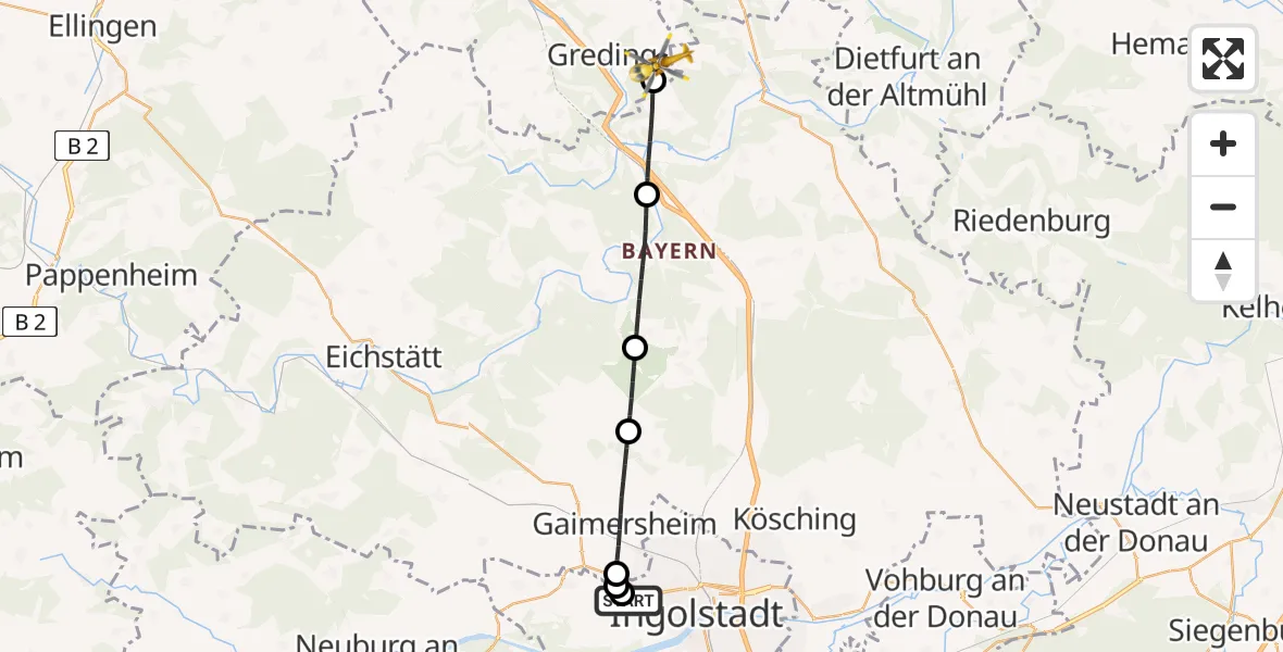 Flugroute Rettungshubschrauber Ingolstadt Hospital - Greding, 09 August 2026, 18:31