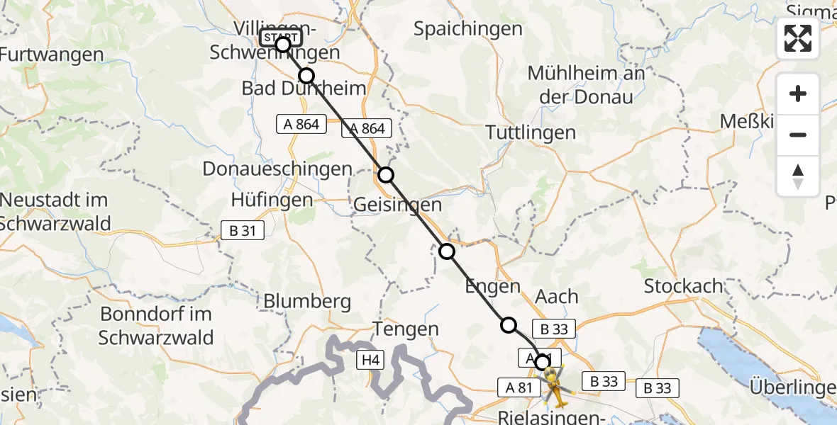 Flugroute Ambulanzhubschrauber DRF Air Rescue Station Villingen-Schwenningen Hubschrauberlandeplatz (Christoph 11) - Singen (Hohentwiel), 09 August 2026, 18:49