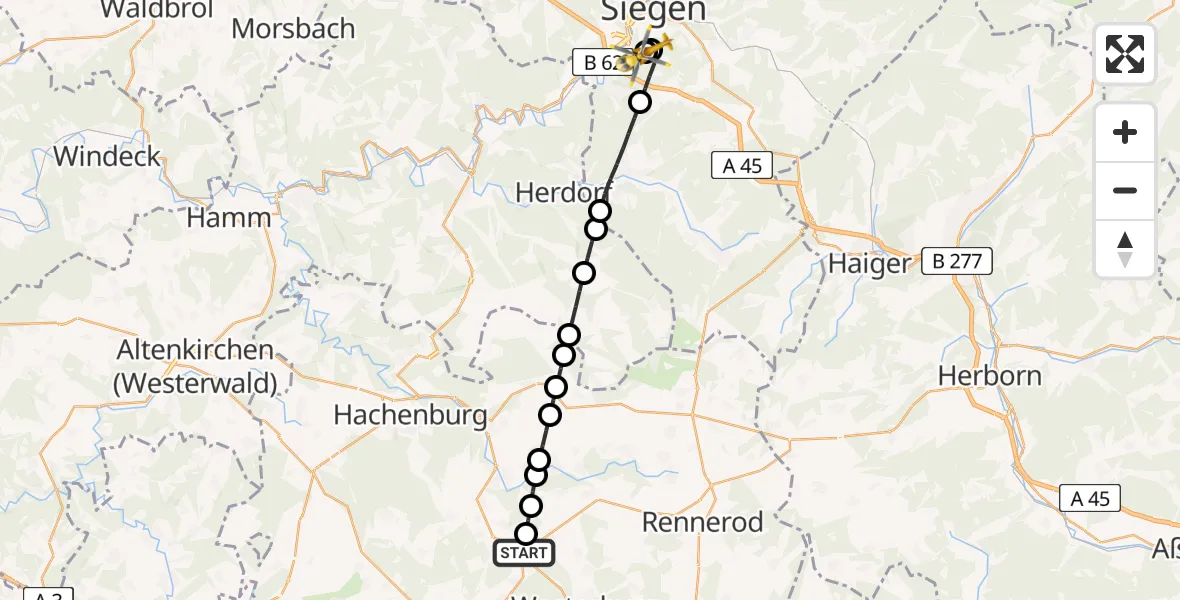 Flugroute Rettungshubschrauber Langenhahn - Evangelisches Jung-Stilling Hospital, 09 August 2026, 18:52