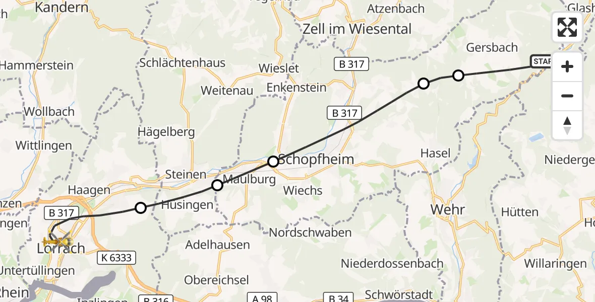 Flugroute Ambulanzhubschrauber Schopfheim - Lörrach, 09 August 2026, 18:56