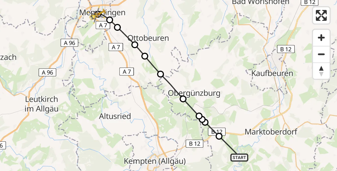 Flugroute Rettungshubschrauber Unterthingau - Memmingen Hospital, 09 August 2026, 19:10