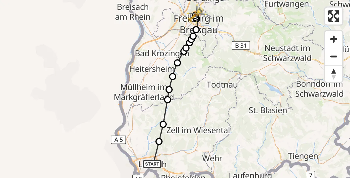 Flugroute Ambulanzhubschrauber Lörrach - Freiburg im Breisgau Flugplatz, 09 August 2026, 19:23