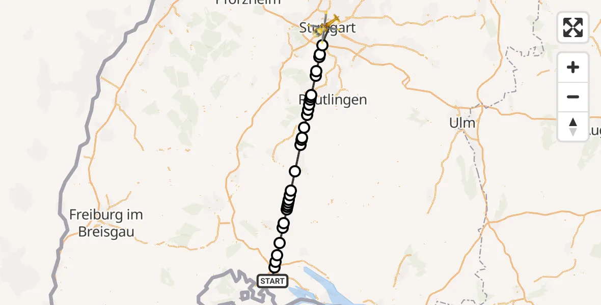 Flugroute Ambulanzhubschrauber Singen (Hohentwiel) - Stuttgart, 09 August 2026, 19:25