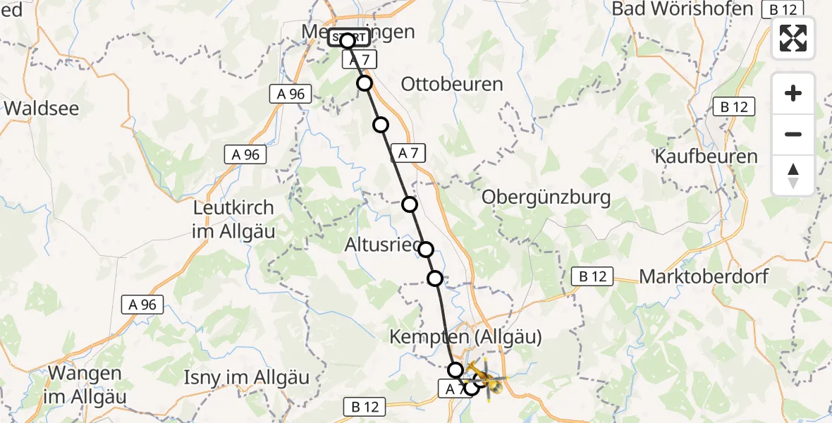 Flugroute Rettungshubschrauber Memmingen Hospital - Kempten-Durach Flugplatz, 09 August 2026, 19:26