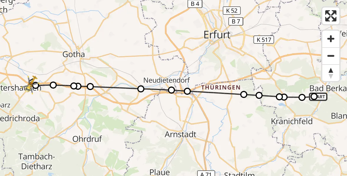 Flugroute Ambulanzhubschrauber Bad Berka Central Hospital - Waltershausen, 09 August 2026, 19:33