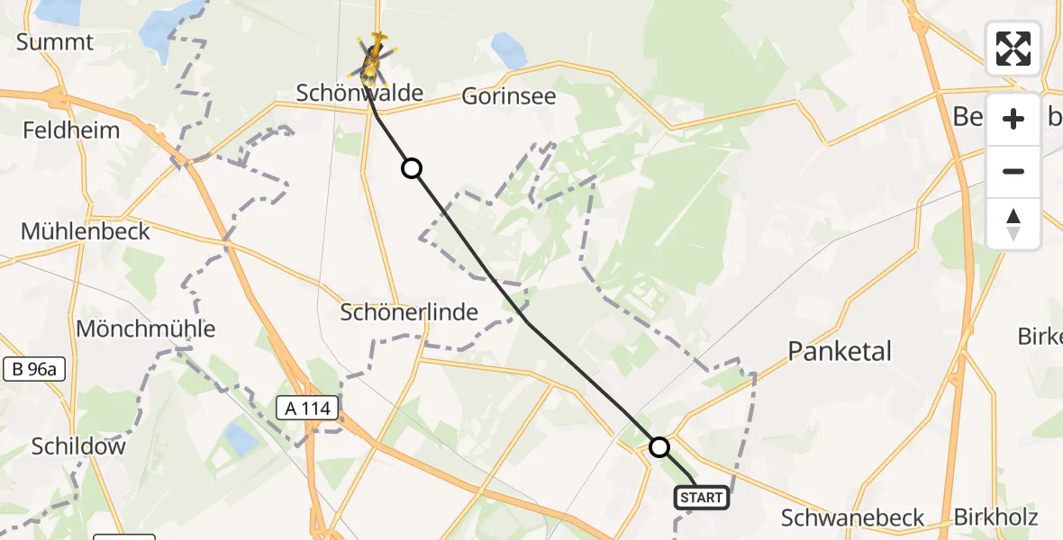 Flugroute Rettungshubschrauber Helios Clinic Berlin-Buch - Wandlitz, 09 August 2026, 19:44