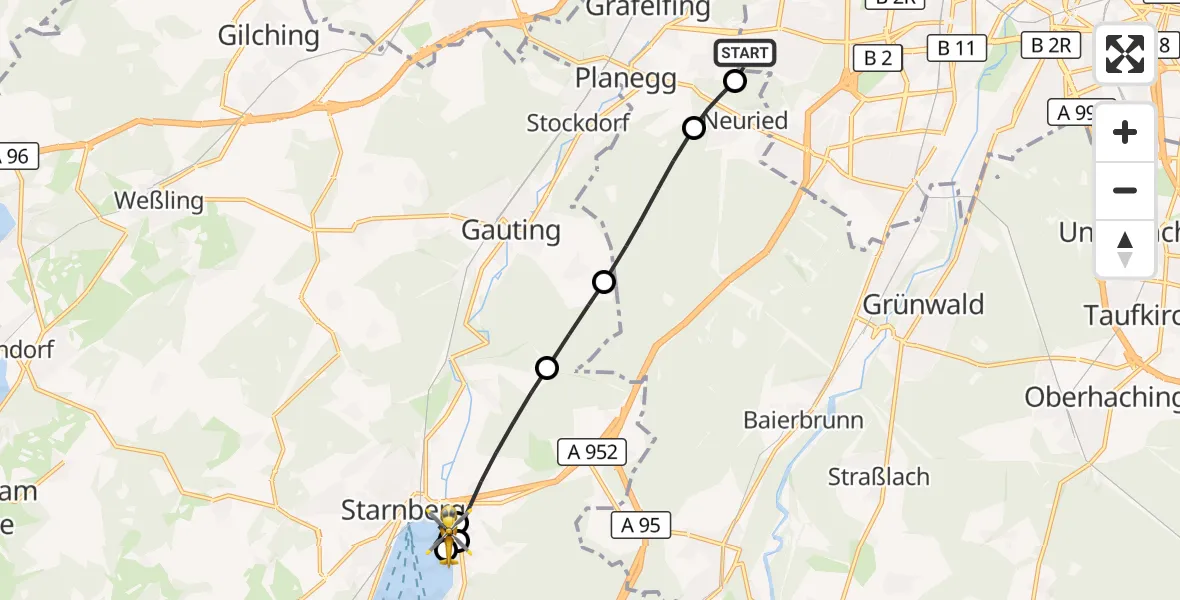 Flugroute Rettungshubschrauber DRF Air Rescue München Hubschrauberlandeplatz - Starnberger See, 09 August 2026, 19:46