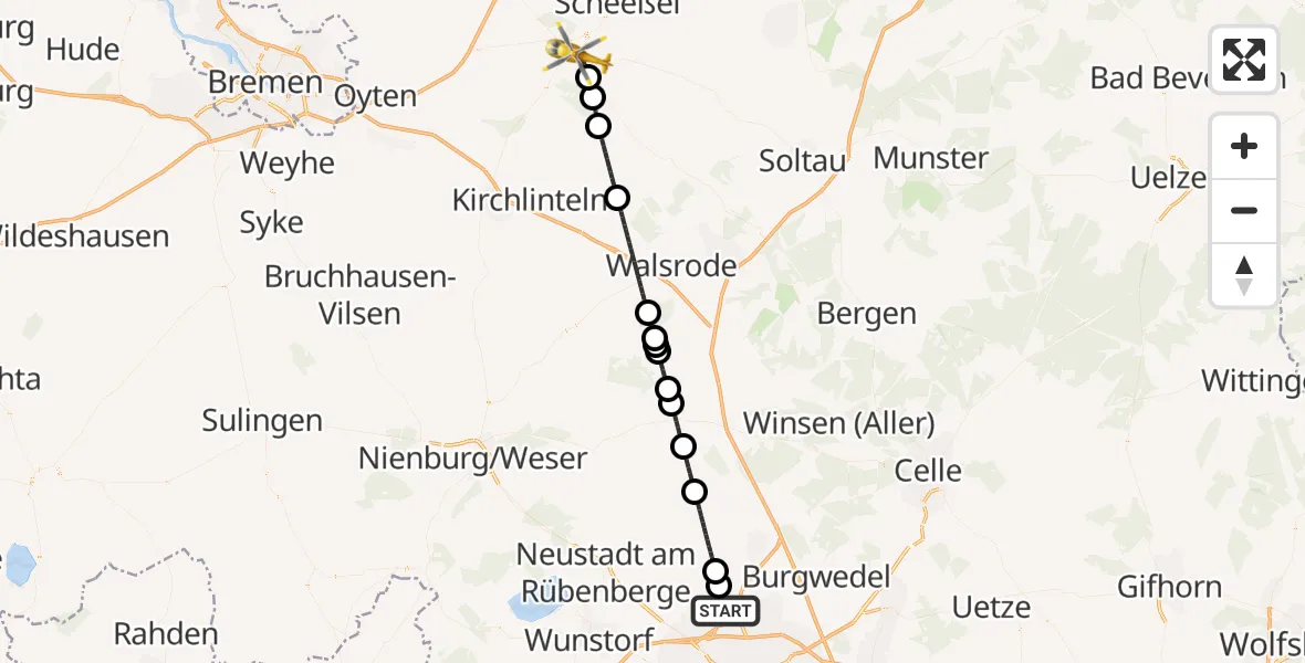 Flugroute Rettungshubschrauber Flughafen Hannover - Rotenburg (Wümme), 09 August 2026, 20:00