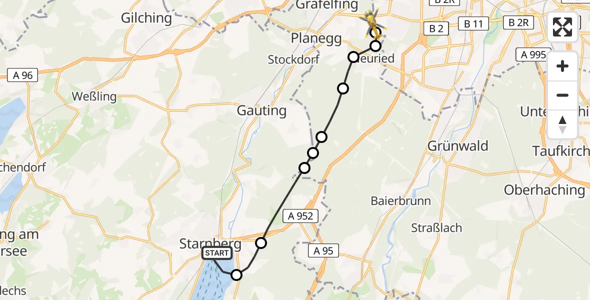Flugroute Rettungshubschrauber Starnberger See - DRF Air Rescue München Hubschrauberlandeplatz, 09 August 2026, 20:02
