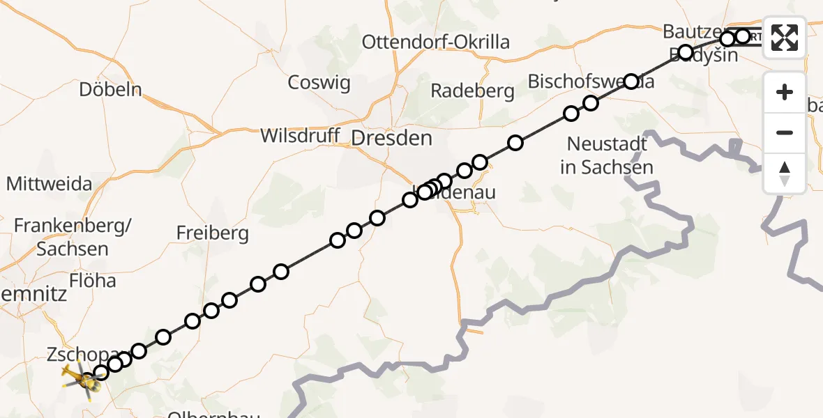 Flugroute Rettungshubschrauber Bautzen Flugplatz - Drebach, 09 August 2026, 20:15