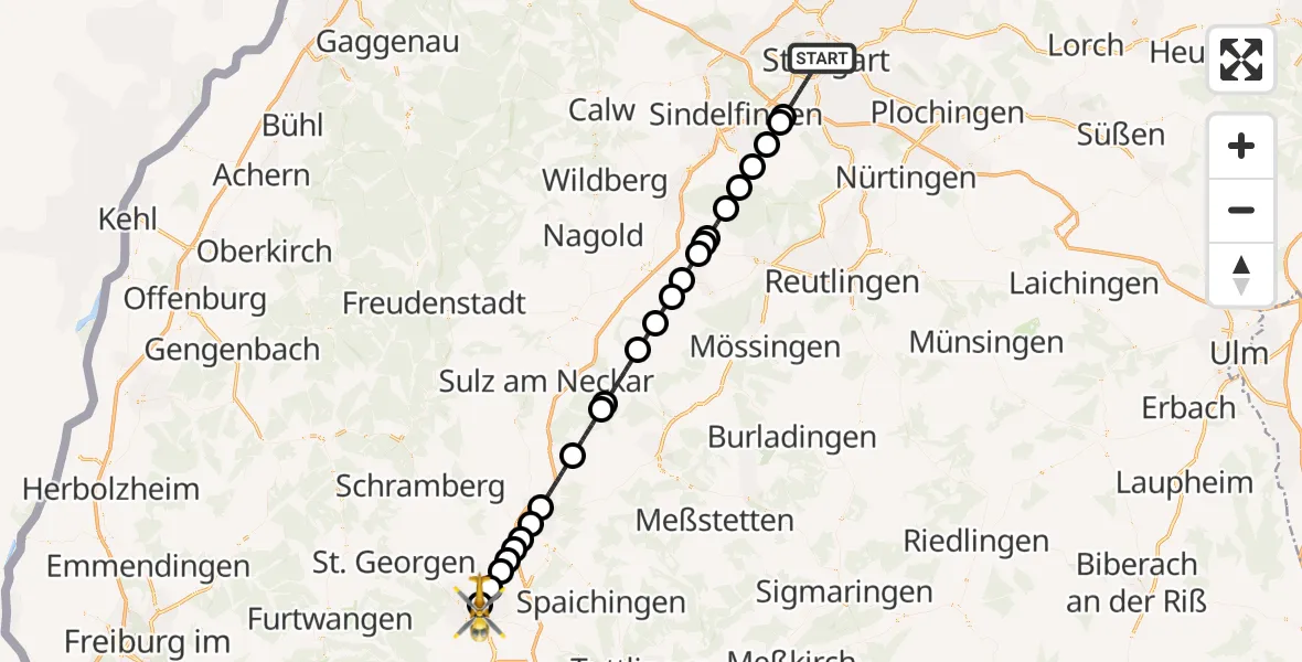 Flugroute Ambulanzhubschrauber Stuttgart - DRF Air Rescue Station Villingen-Schwenningen Hubschrauberlandeplatz (Christoph 11), 09 August 2026, 20:23