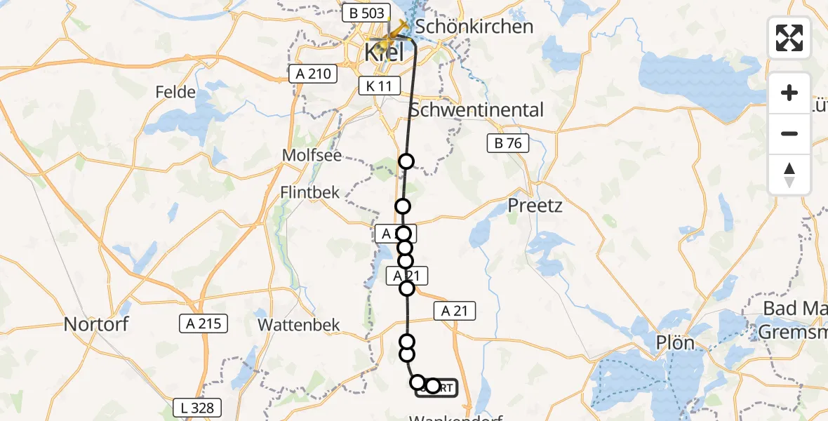 Flugroute Ambulanzhubschrauber Stolpe - Kiel, 09 August 2026, 20:55